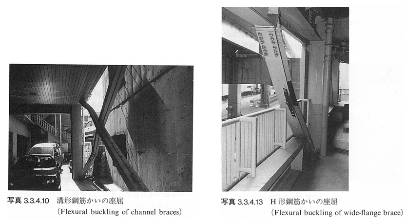 古い鉄骨構造建物の典型的な地震被害＝ブレース座屈