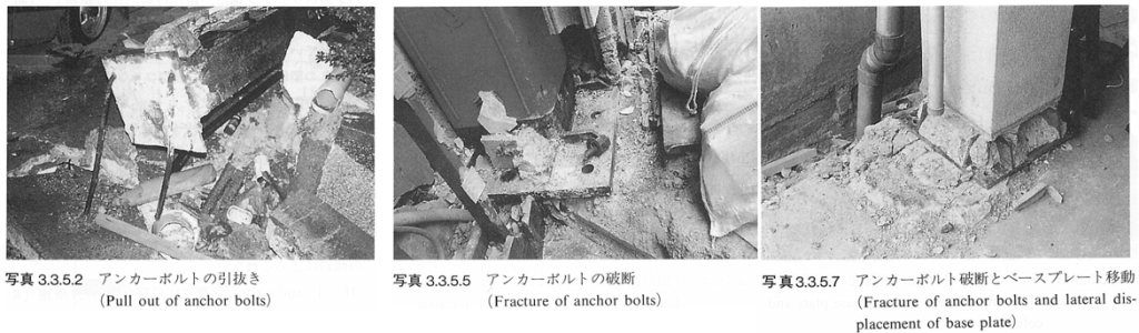 古い鉄骨構造建物の典型的な地震被害＝アンカーボルトの破断